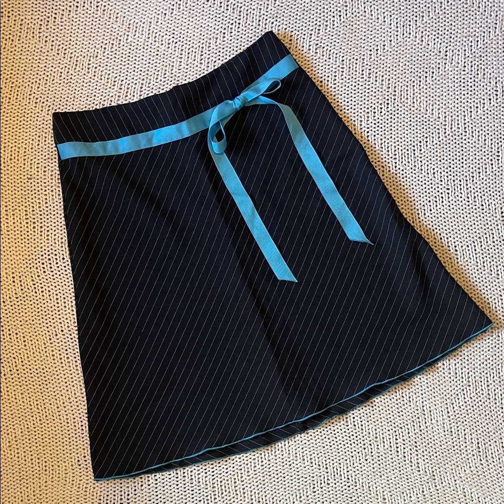 Xtraordinary Black Pinstripe Mini Skirt Blue Ribbon Waist Tie Retro Y2K